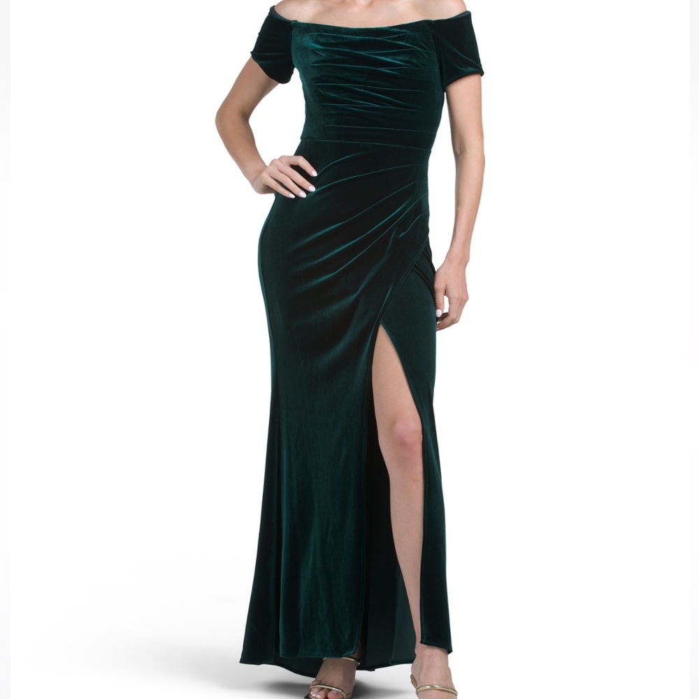 Xscape Off-Shoulder Dark Green Velvet Maxi Dress